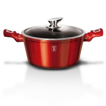 Oala din aluminiu cu invelis antiaderent de marmura si capac, Ø28 cm, Metallic Line Burgundy