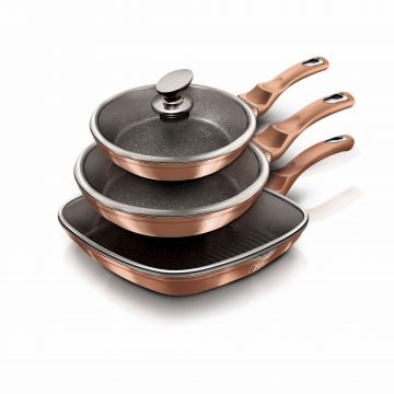 Set 2 tigai si 1 grill din aluminiu cu invelis antiaderent de marmura si capace sticla, Metallic Line Rose Gold