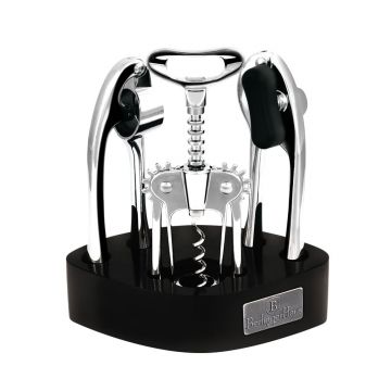Set 3 accesorii de bucatarie cu suport din lemn, Black Silver