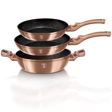 Set 3 tigai din aluminiu cu invelis antiaderent de marmura, Metallic Line Rose Gold