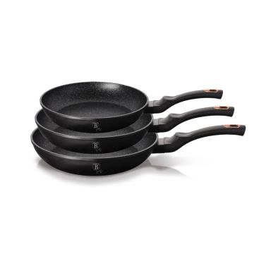 Set 3 tigai din aluminiu cu invelis antiaderent de marmura si cutie cadou, Black Rose