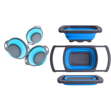 Set 4 strecuratori pliabile din silicon, Callatis Albastru / Gri inchis, Ø23,5xH3,6 cm / Ø20xH3 cm / L39-60xl26,5xH4,3-12 cm