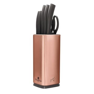 Set 5 cutite din otel inoxidabil, cu suport si accesorii, Metallic Line Rose Gold