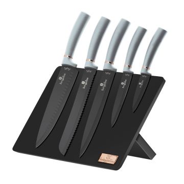 Set 5 cutite din otel inoxidabil si invelis din titan, cu suport magnetic, Moonlight Metallic Grey
