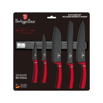 Set 5 cutite otel inoxidabil si invelis din titan, cu suport magnetic, Metallic Line Burgundy