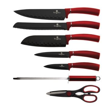 Set 5 cutite otel inoxidabil si invelis din titan, cu suport si accesorii, Metallic Line Burgundy
