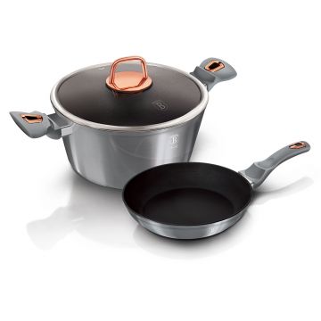 Set oala si tigaie din aluminiu cu invelis antiaderent de marmura, 3 piese, Moonlight Metallic Grey