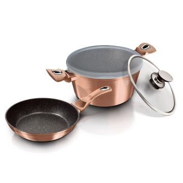 Set oala si tigaie din aluminiu cu invelis antiaderent de marmura si capace, Metallic Line Rose Gold