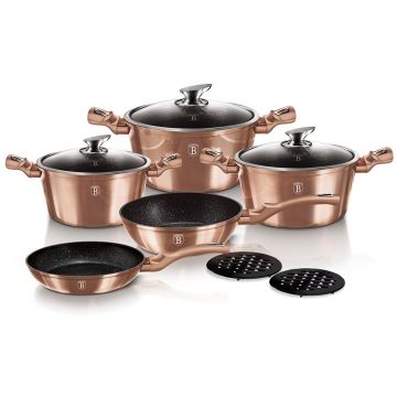 Set oale si tigai din aluminiu cu invelis antiaderent de marmura, 10 piese, Metallic Line Rose Gold