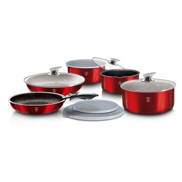 Set oale si tigai din aluminiu cu invelis antiaderent de marmura, 12 piese, Metallic Line Burgundy