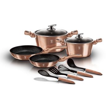 Set oale si tigai din aluminiu cu invelis antiaderent de marmura si ustensile incluse, 10 piese, Metallic Line Rose Gold