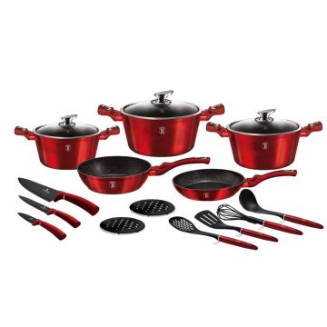 Set oale si tigai din aluminiu, invelis antiaderent de marmura cu ustensile incluse si cutite, 17 piese, Metallic Line Burgundy
