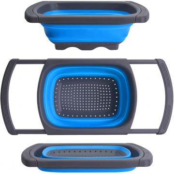 Strecuratoare pliabila pentru chiuveta, cu manere extensibile, din silicon, Callatis Albastru / Gri inchis, L39-60xl26,5xH4,3-12 cm