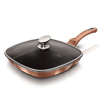 Tigaie grill din aluminiu cu invelis antiaderent de marmura si capac, 28 cm, Metallic Line Rose Gold