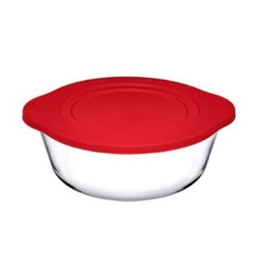 Vas rotund din sticla termorezistenta cu capac plastic rosu Pasabahce Borcam 2100 ml