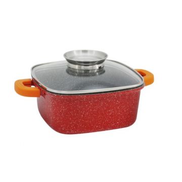Cratita tip Roaster cu Capac Sticla, Marmorata, cu Picurator, Forma Patrata, Manere Protectie Silicon, Rosu