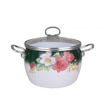 Oala Emailata din Otel Carbon , Capac Sticla, Manere Inox, ø22cm, 4.5l, Model Floral, Alb Verde