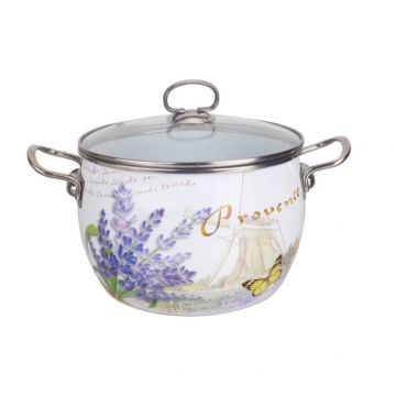Oala Emailata din Otel Carbon , Capac Sticla, Manere Inox, Zephyr, 5.8 L, Model Lavanda, Design German