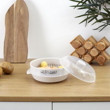 Recipient cuptor microunde, pentru gatit cu aburi, 25.2x14.5x21.5 cm, crem, Happymax