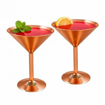 Set 2 Cupe Martini din Cupru Solid pentru Cocktailuri si Sampanie