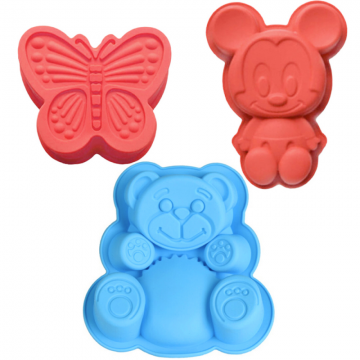Set 3 forme silicon, Quasar & Co., model ursulet, fluture, Mickey, tavi de copt termorezistente, silicon, rosu-albastru