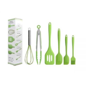Set 6 Ustensile din Silicon Termorezistent Alimentar , Tel, Cleste, 2 Spatule , Paleta Perforata si 1 Pensula,Verde