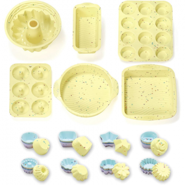 Set cofetarie/patiserie Quasar & Co, 46 piese, 6 x tavi copt diverse forme, 40 x mini forme, antiaderente, reutilizabile, silicon, galben
