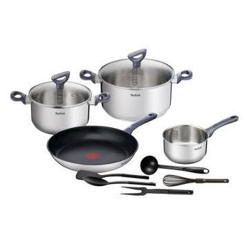 Set oale de 11 piese Tefal Daily Cook, 2 oale cu capac 20/24 cm, tigaie 28 cm, cratita 16 cm, 5 ustensile