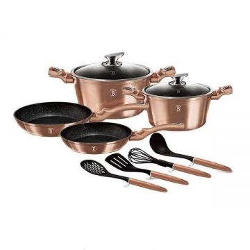 Set oale si tigai marmorate, 10 piese, din aluminiu forjat, Metallic Rose Gold Edition, Berlinger Haus, BH 6142
