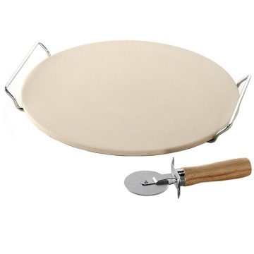 Set piatra de pizza din ceramica, cu manere si taietor Quasar & Co., piatra/metal/lemn, d 33 cm, crem