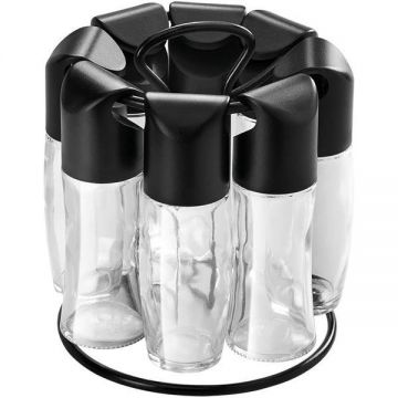 Suport pentru condimente carusel Spice 8 cu 8 recipiente din sticla cu capace negre