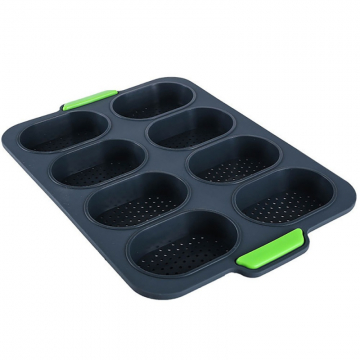 Tava chifle/paine/briose, Quasar & Co., 8 compartimente, perforata, silicon, 34 x 24 cm, gri-verde