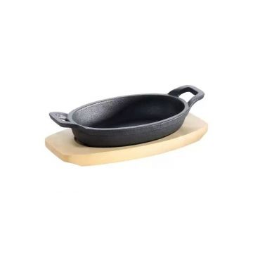 Tava ovala din fonta cu suport de lemn pentru servire 21 x 15,5 cm 0,75 litri ALL'GRILL 9705