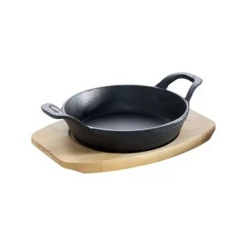 Tava rotunda din fonta cu suport de lemn pentru servire 15 cm 0,5 litri ALL'GRILL 9703