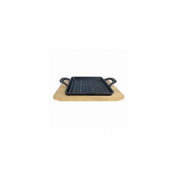 Tigaie grill din fonta cu suport de lemn pentru servire 19,5 x 14 cm ALL'GRILL 9713