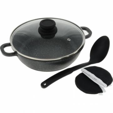 Cratita din aluminiu, cu capac sticla termorezistenta si lingura teflonata, Bohmann BH1040-28, 28x28x7.5cm, Neagra