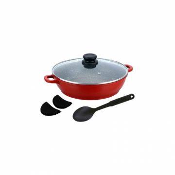 Cratita din aluminiu, cu capac sticla termorezistenta si lingura teflonata, Bohmann BH1040-28, 28x28x7.5cm, Rosie