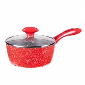 Cratita din aluminiu cu coada si capac sticla termorezistenta Voltz V54421A18, 18x8cm, 1.6L, Rosie