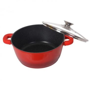 Cratita Marmorata cu capac sticla termorezistenta Bohmann BH7320MRB-RD, Diametru 20x9cm, Capacitate 2.2L, Rosie