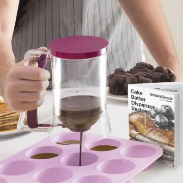 Dozator gradat pentru aluat Cake Batter, Innovagoods, cu carte de retete, 900 ml, mov/transparent