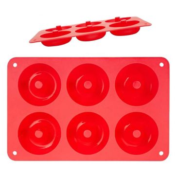 Forma de copt din silicon pentru 6 gogosi, Quasar & Co.®, termorezistenta pana la 230 grade C, 27.5 x 17.5 x 3 cm, tava copt donuts 6 cavitati de Ø7 cm, rosu