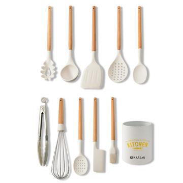 Set 10 ustensile de bucatarie Karemi, din silicon termorezistent si maner lemn, alb