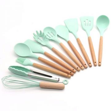 Set 12 ustensile de bucatarie Karemi, din silicon termorezistent si maner lemn, verde pal