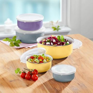 Set 5 cutii alimentare emailate cu capac plastic, Happymax