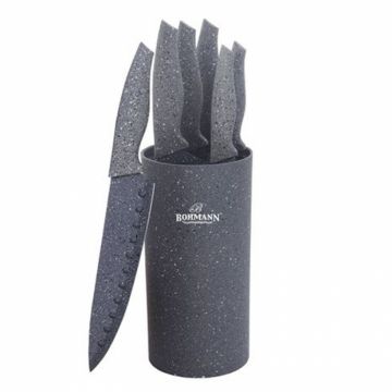 Set 5 cutite cu suport rotund plastic marmorat Bohmann BH6165, Gri