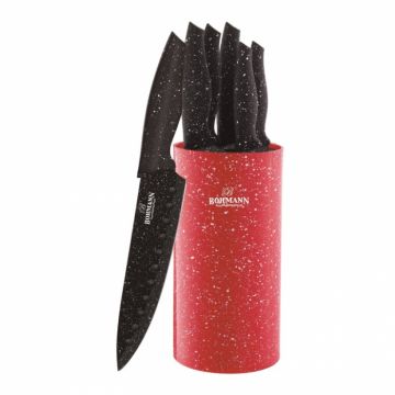 Set 5 cutite cu suport rotund plastic marmorat Bohmann BH6165, Rosu