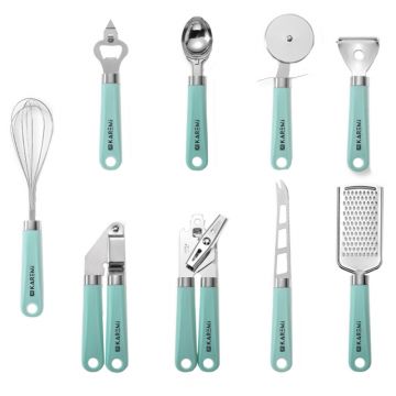 Set 9 ustensile de bucatarie Karemi, din otel inoxidabil si maner din silicon termorezistent, nuanta mint