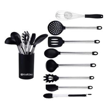 Set 9 ustensile de bucatarie Karemi, din silicon termorezistent si maner otel, negru