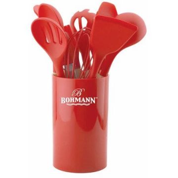 Set bucatarie 11 piese Bohmann BH7678, Silicon, Maner din lemn, Rosu
