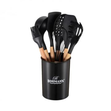 Set bucatarie 8 piese Bohmann BH7678-8, Silicon, Maner din lemn, Negru